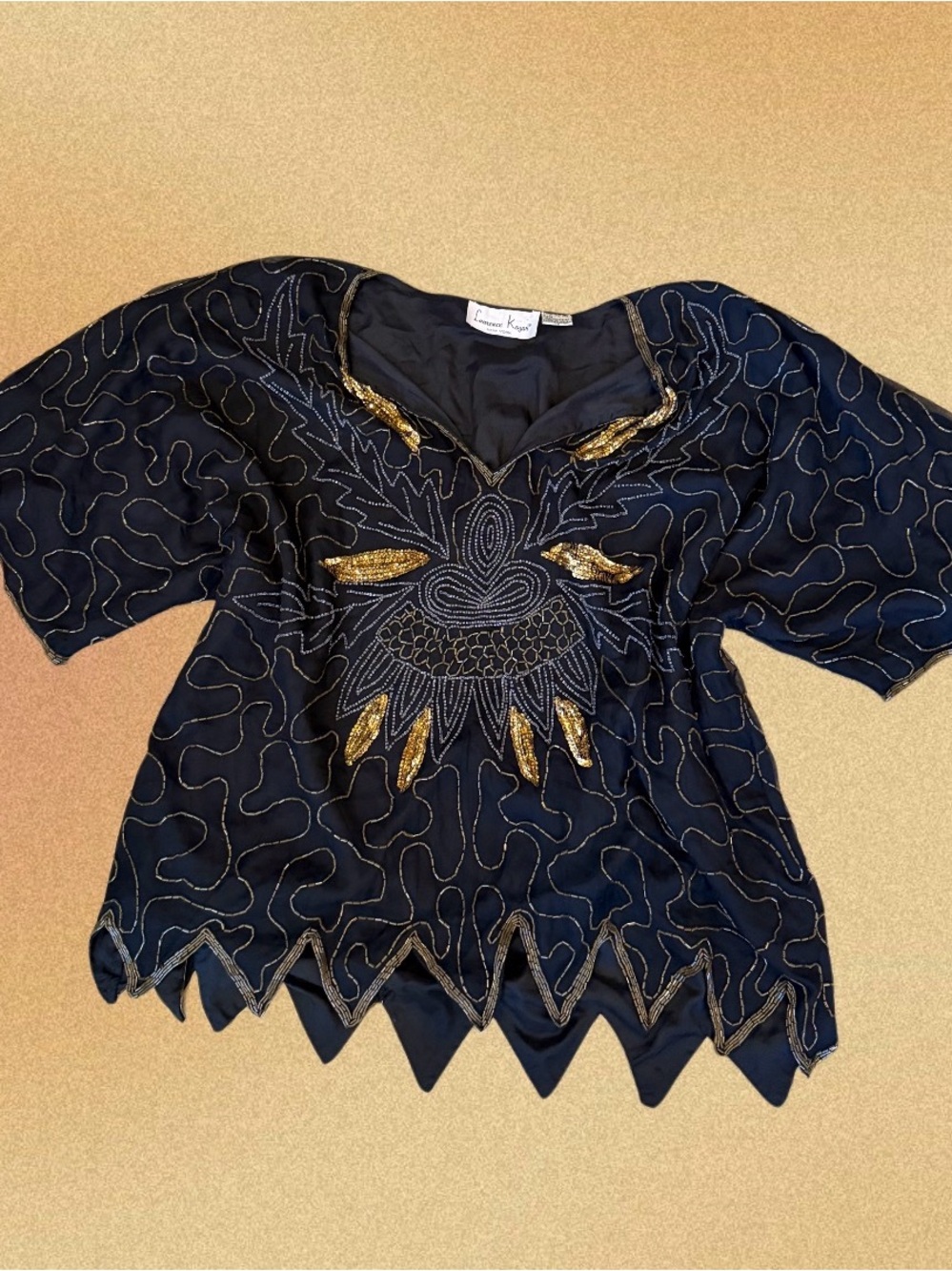 Laurence Kazar Black Top with Gold Embellished Motif